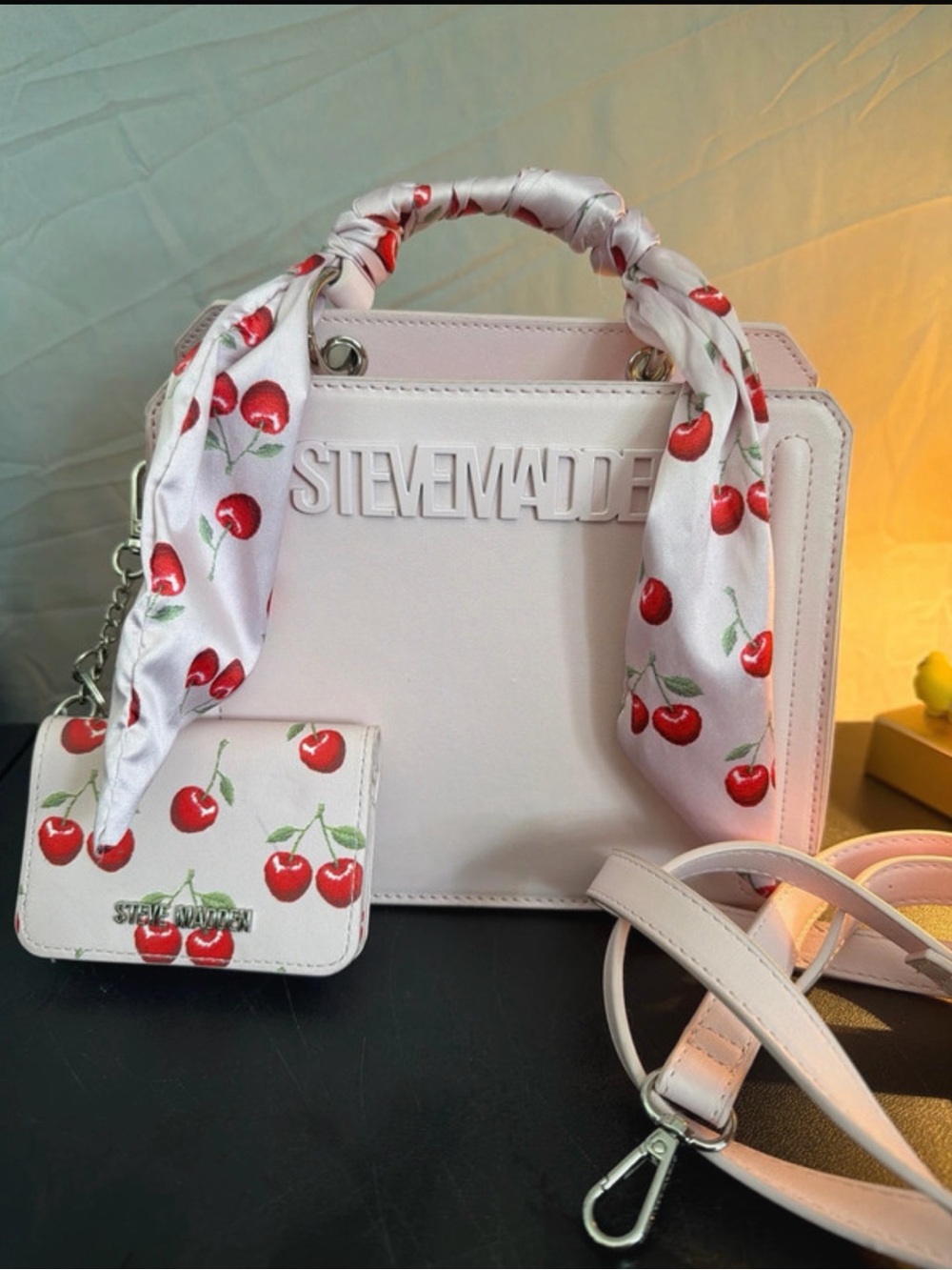 Steve Madden Pale Pink Cherry-Print Handbag with Matching Card Holder
